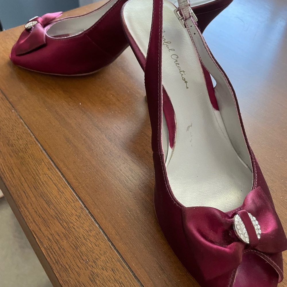 Sling back burgundy satin heels